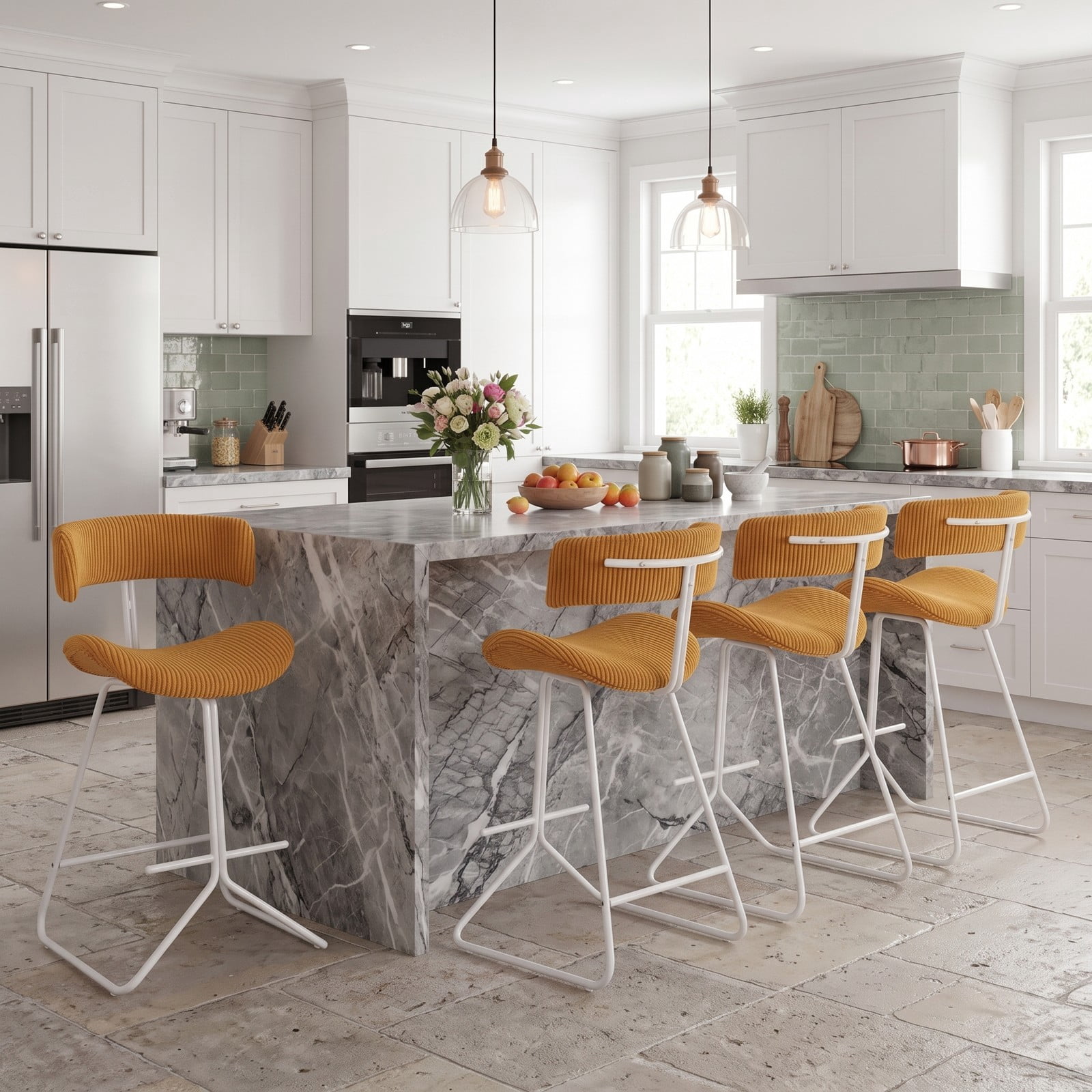 Furnibear Set of 2 Counter Height Bar Stools 25 Inch Armless Barstools with Padded Corduroy Seat and Footrest for Kitchen Island Dining, Orange
