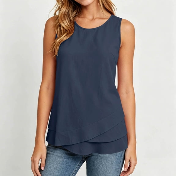 Tank Tops for Women Summer Flowy Cotton Linen Layered Hem Sleeveless Tops Dressy Casual Crewneck Tunic Blouses, 2026 New Limited-time Off