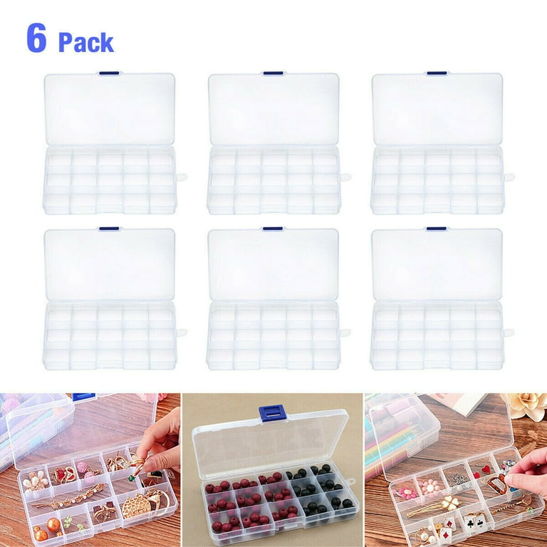 6 Pack Plastic Jewelry Organizer Box, 15 Little Grids Plastic Storage Boxes  with Removable Dividers for Art and Crafts, Clear 