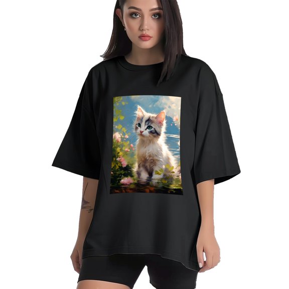 Plus Size Shirt for Women Black Tops for Women Short Sleeves Shirt for Women Cats T Shirt Crewneck Shirt for Women XS