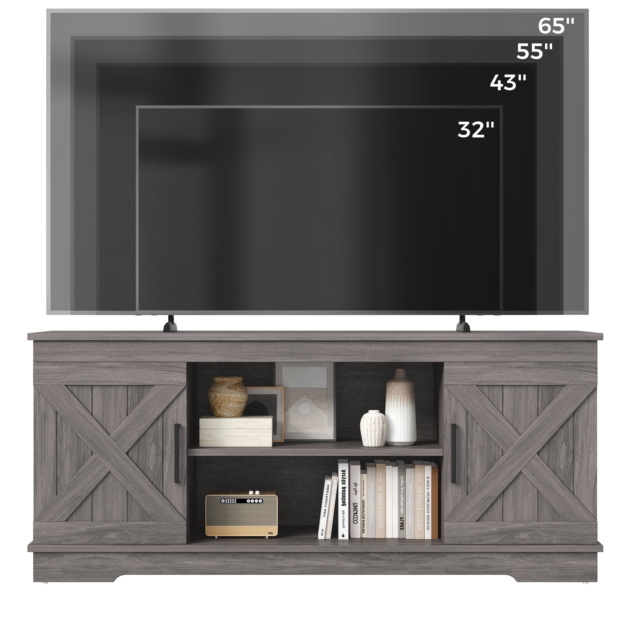 IULULU 58" Modern Farmhouse TV Stand for TVs up to 65", Natural Grey
