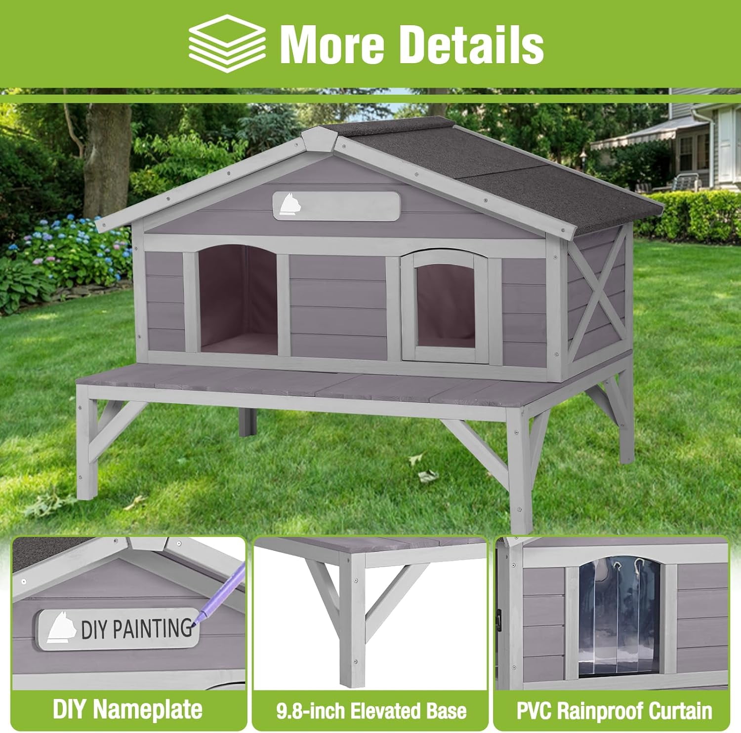 Aivituvin Outdoor Cat House Weatherproof with 3 Entry Doors, Elevated Base & PVC Curtain, Indoor/Outdoor Kitty Shelter for Small-Medium Pets