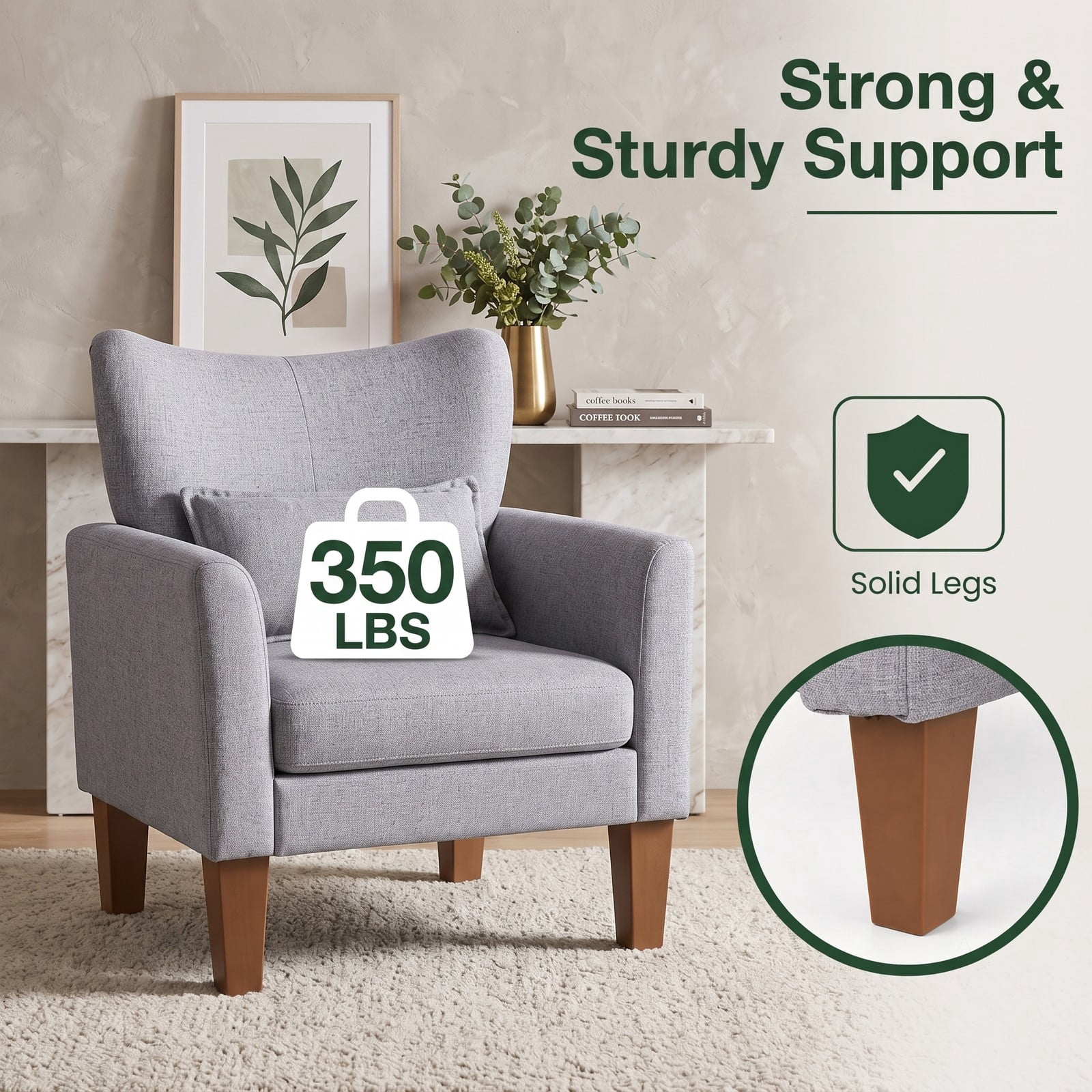 Furnibear Modern Accent Chair with Removable Seat Cushion and Lumbar Pillow, Faux Linen Upholstered Armchair for Living Room Bedroom Office Reading Nook, 350 lbs, Gray