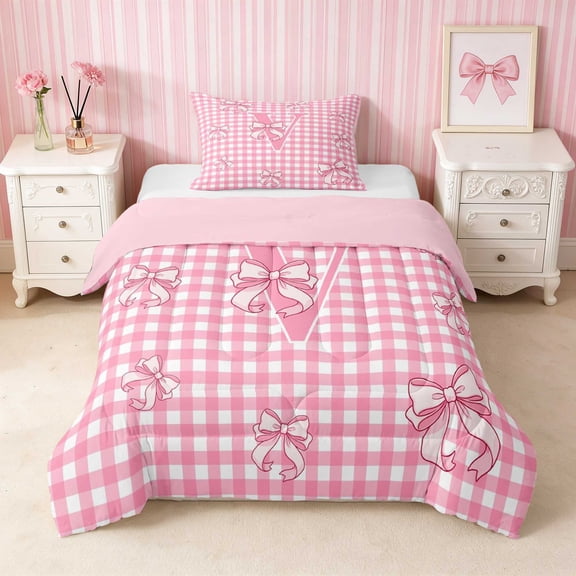 Erosebridal Bold Satin Bow Ribbon Twin Comforter Sets for Girls, Romantic Floral Print Bedding Set, Pink Reversible 2 Pieces 1 Comforter and 1 Pillowcase