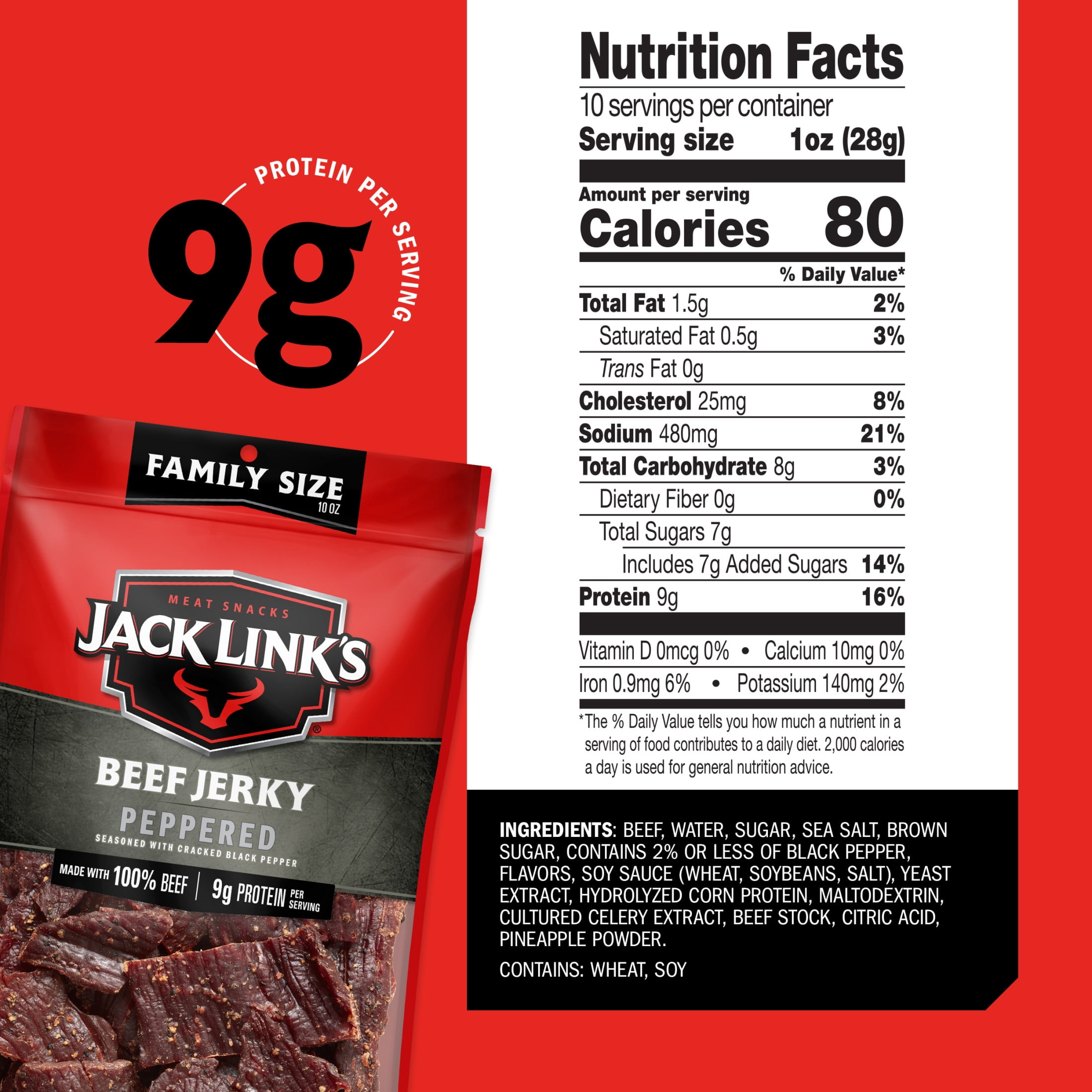(2 pack) Jack Link’s Beef Jerky, Peppered, Made with 100% Beef, 9g of Protein per Serving, 10 Ounce Bag