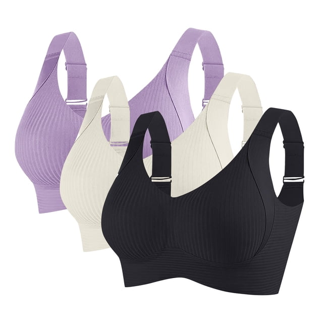 3pc Seamless Bras for Women Push up Wireless Ribbed Full Support Sports Bralettes Adjustable Strap Plus Size Solid Colour Bra Athletic Bras for Lady High Support Large Bust Black M