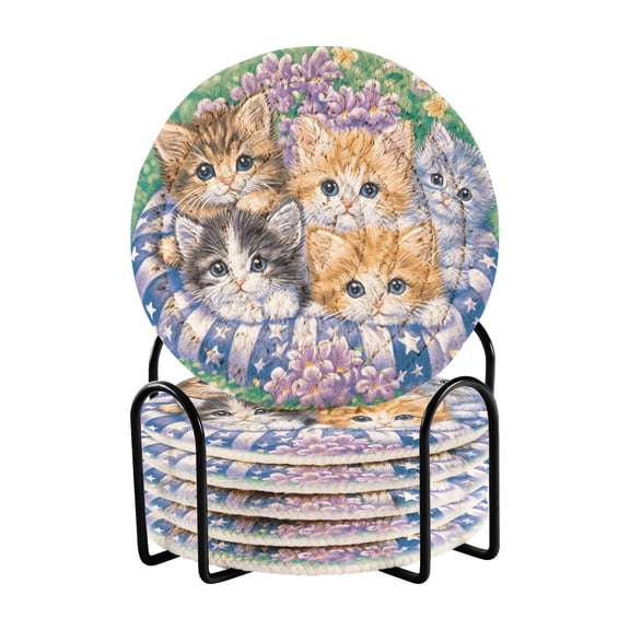 Cats and Wreath Coasters with Holder for Coffee Table 6 Pcs Drink Coaster Sets Absorbent for Home Decor 4 inch