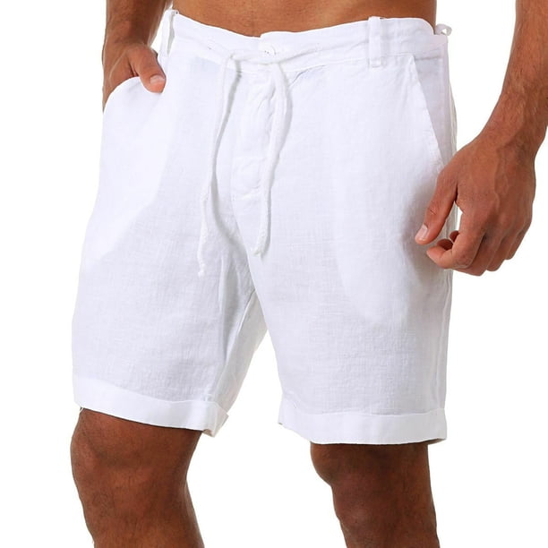 Pantalones de Lino de los Hombres Pantalones Cortos de Playa Ligeros Color Sólido, Cordón Frontal Plano Recto