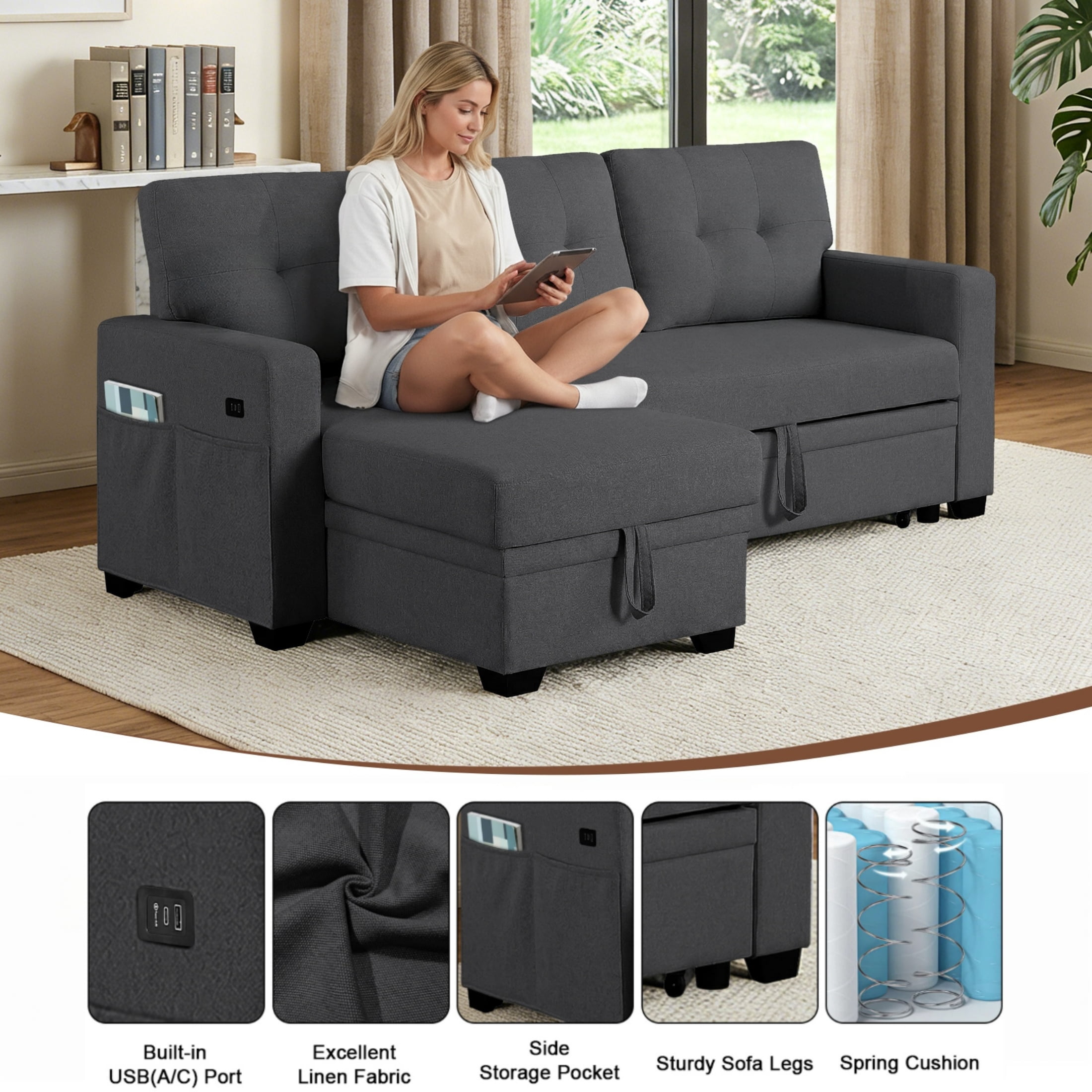 ShiKeyi 82" L Shaped Sleeper Sofa Bed, Sectional Sleeper Couch with Pull Out Bed, 3 Seat Convertible Sofa Bed with Storage Chaise, USB Charging Ports for Living Room, Dark Grey Linen Fabric