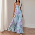 thumbnail image 3 of Women Square‑Neck Sleeveless Blue‑Iris Floral Print Belted Pleated Flowy Maxi Dress, Elegant Casual Summer Long Dress, 3 of 11