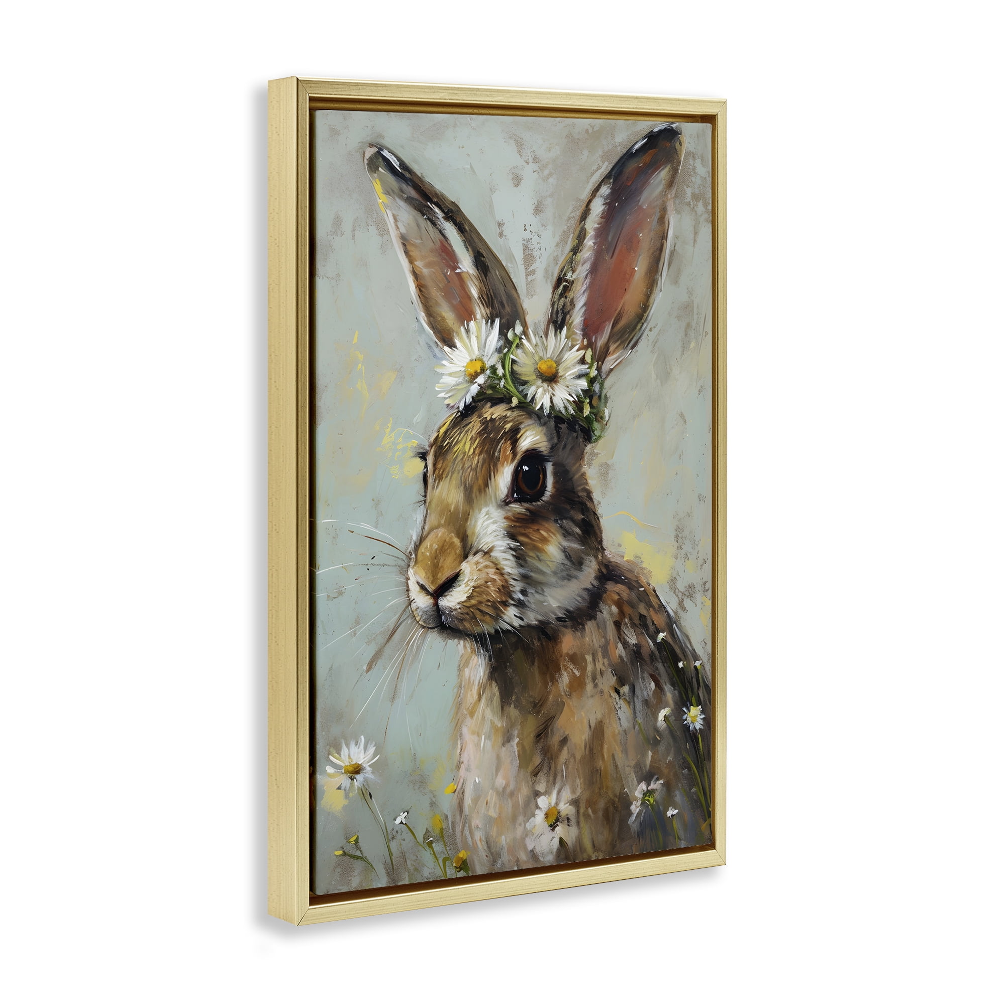 Stupell Industries Bunny & Daisy Crown Animals & Insects Painting Gold Floater Framed Canvas Art Print Wall Art, 17 x 25