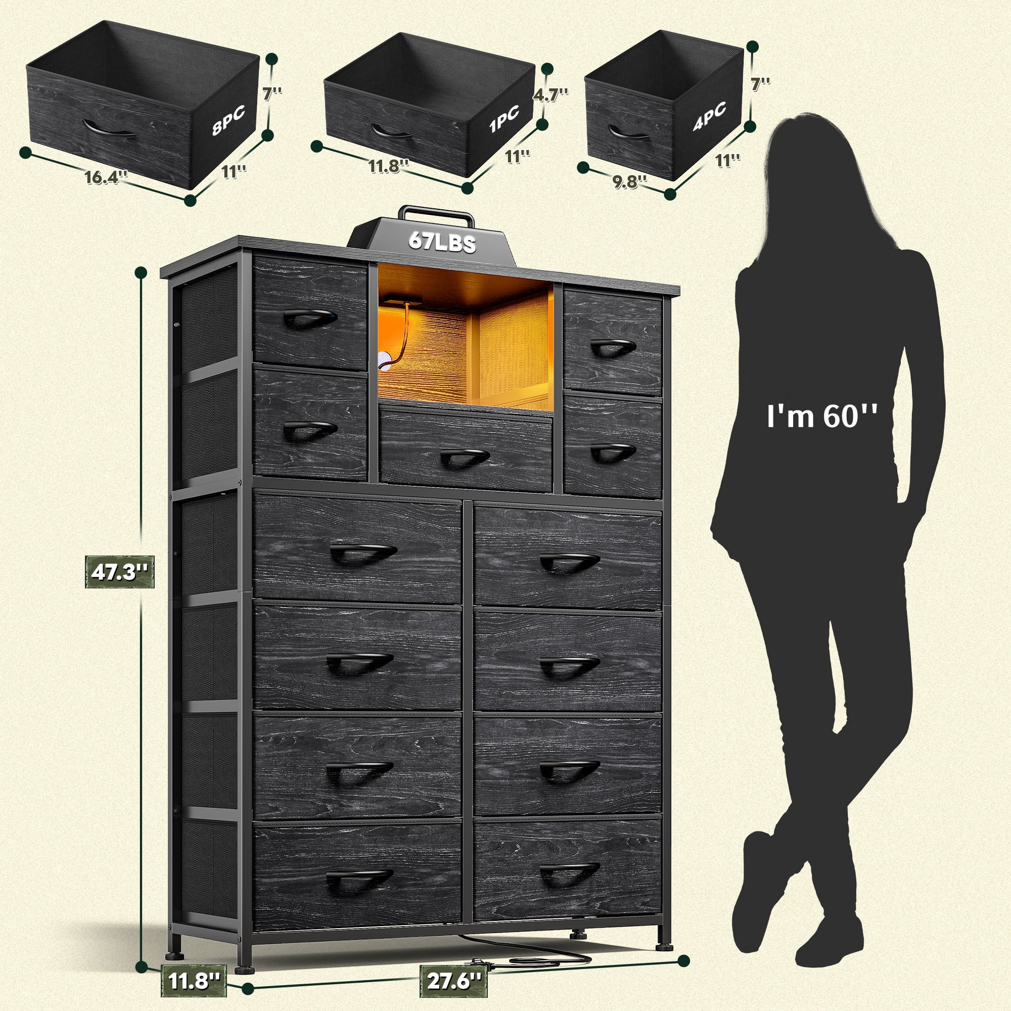 Black Dresser for Bedroom with 13 Fabric Drawers Tall Dresser with LED Light & Charging Station, Rustic Brown