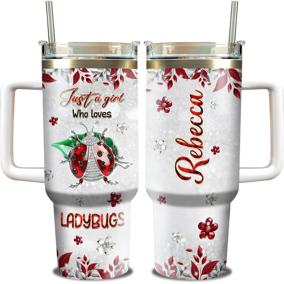 Personalized Gifts for Ladybug Lover Tumbler 40oz with Handle and Straw Custom Name Ladybugs Jewelry Style Stainless Steel Tumblers Travel Mug Christmas Birthday for Women Mom Girls