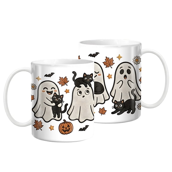 Cute Ghost Black‑Cat Coffee Mug, Four Friendly Ghosts Autumn Maple‑Leaf Pumpkin Bat Print 11oz Ceramic Cup, Cozy Fall Halloween Spooky‑Season Gift For Cat Lovers