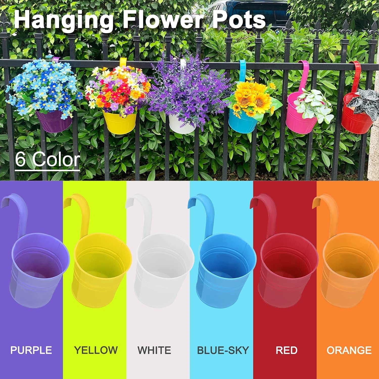 Casewin Hanging Flower Pots,6.3"x 4.7" x 5.3" Iron Hanging Planter Outdoor & Indoor ,Multicolor Bucket Pots with Detachable Hooks, for Railing Fence Balcony Planter Home Decoration, 6PCS