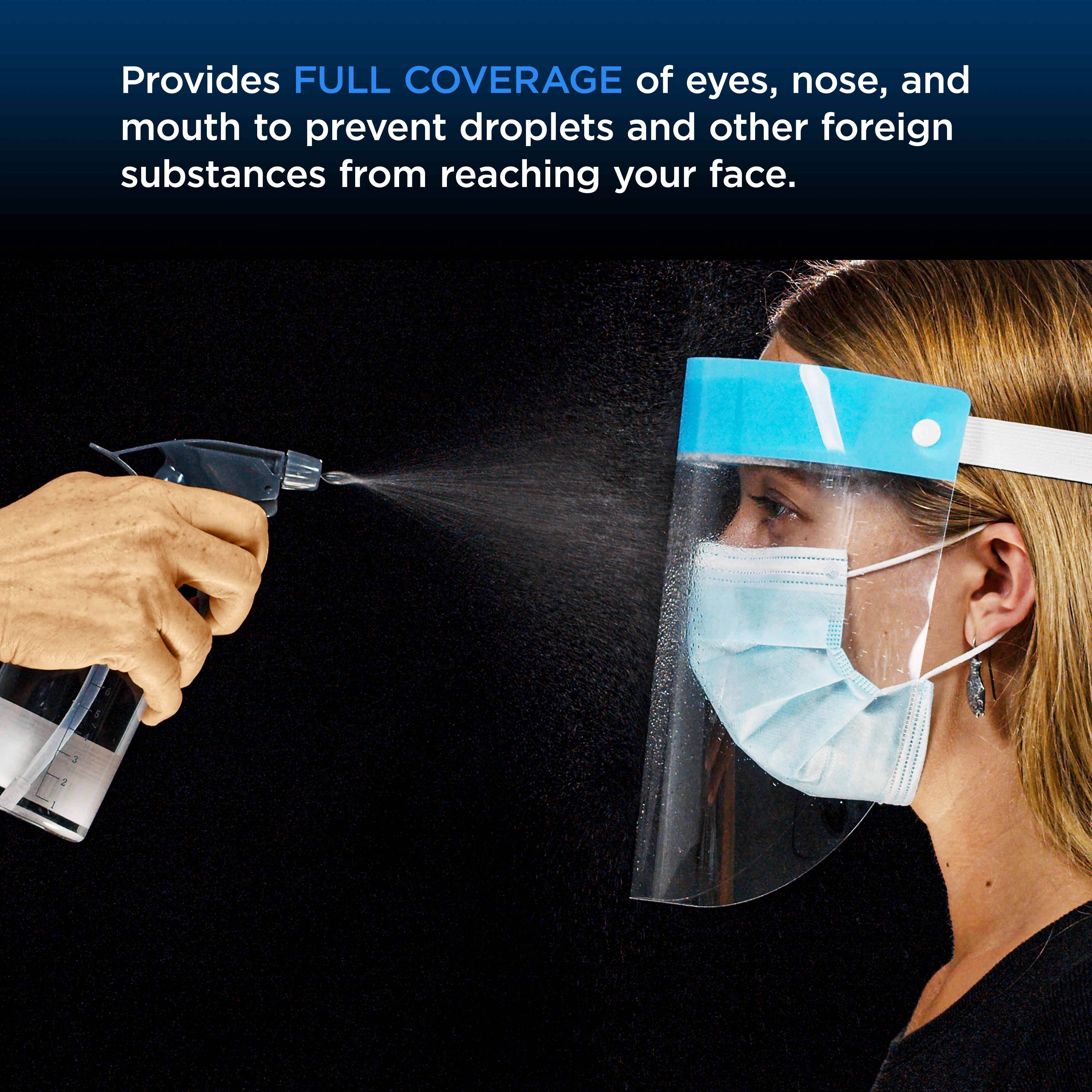 Salon World Safety Face Shields (100-Black & 100 Blue) - Ultra Clear Protective Full Face Shields to Protect Eyes, Nose and Mouth - Anti-Fog PET Plastic, Elastic Headband - Sanitary Droplet Guard