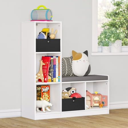 RiverRidge Kids Cubby Storage Organizer Bench with 5 Shelves and Cushioned Seat - White