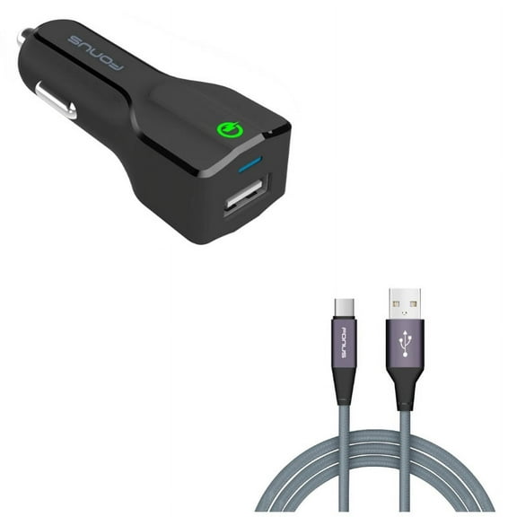 USB Port Fast 18W Car Charger w Charger Cord Type-C 6ft USB Cable R8W for Acer Liquid Jade Primo - Alcatel PulseMix, 7, Idol 5S 5 4S - ASUS Zenfone V Live, ROG Phone, AR 6 5z 4 Pro