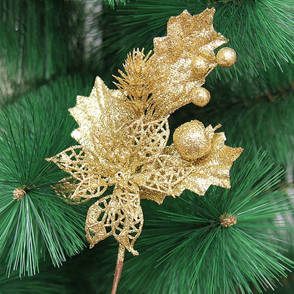 BLEUM CADE 24 Pcs Christmas Picks and Sprays, Gold Christmas Decorations  for Tree, Christmas Floral Picks Ornaments Decor, Fake Gold Leaf Leaves  Stems