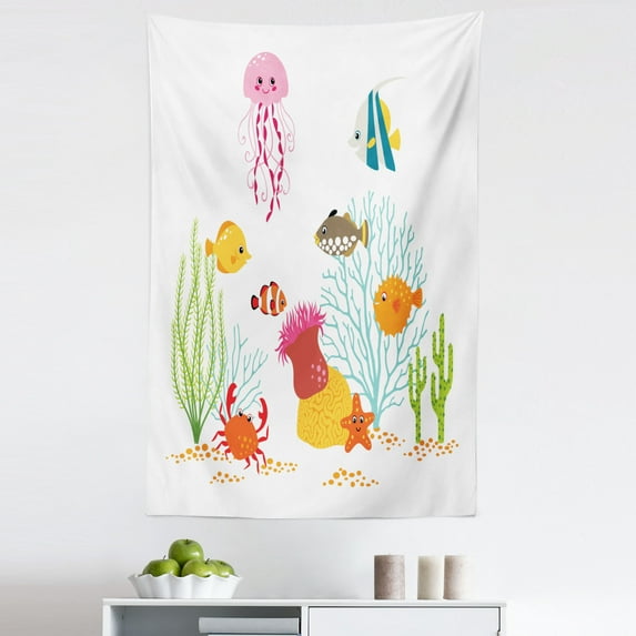 Ocean Tapestry, Aquatic Cartoon Characters Fishes Jellyfish Coral Seaweed Cheerful Underwater Life, Fabric Wall Hanging Decor for Bedroom Living Room Dorm, 5 Sizes, Multicolor, by Ambesonne