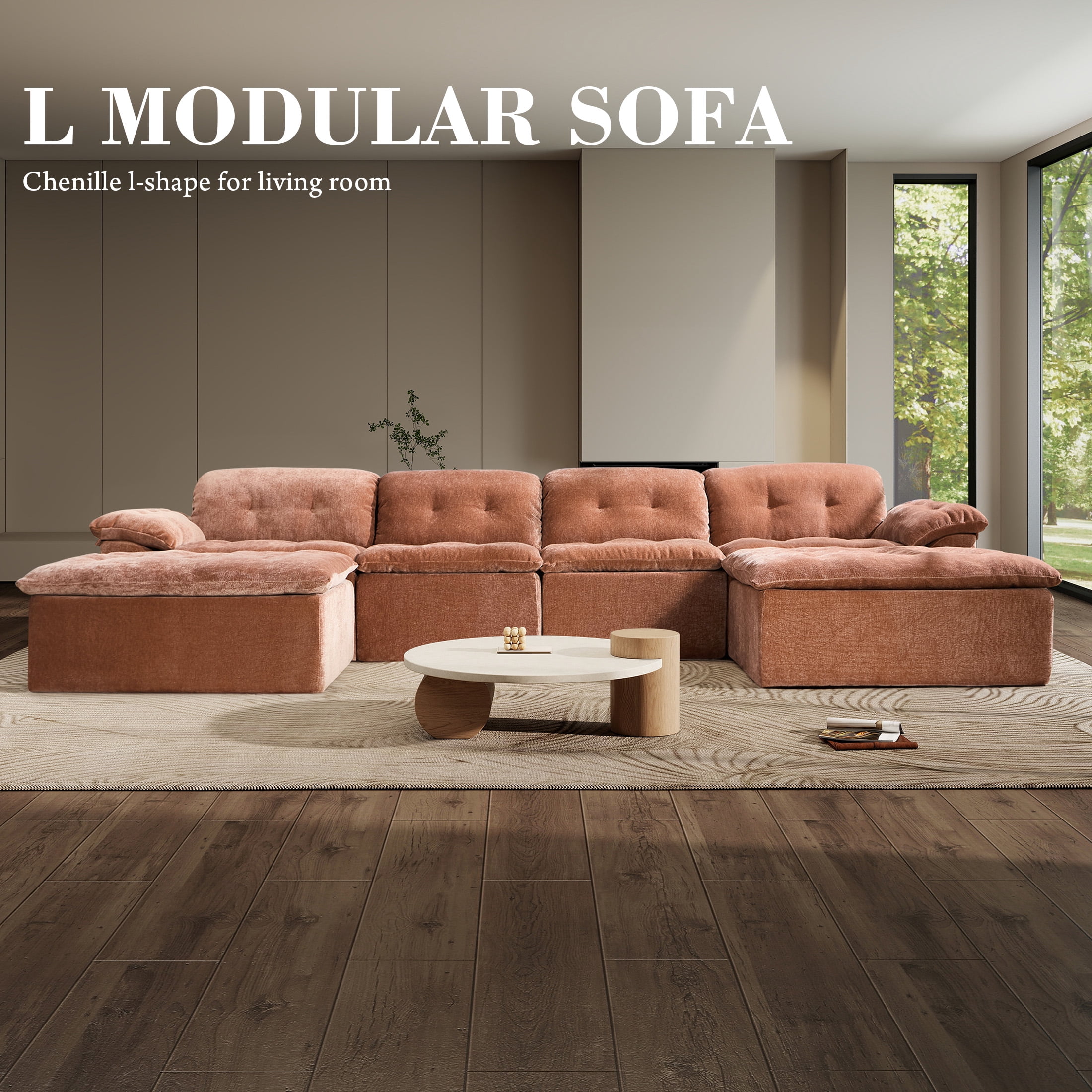 Aukfa 6-Piece U-Shaped Modular Sectional Sofa with 2 Ottomans for Living Room, Ice Flower Chenille, Terracotta
