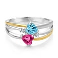 thumbnail image 2 of 925 Silver and 10K Yellow Gold Swiss Blue Topaz and Pink Created Sapphire and White Lab Grown Diamond Band Ring for Women (1.17 Cttw, Gemstone November Birthstone, Heart Shape 5MM, Size 6), 2 of 3