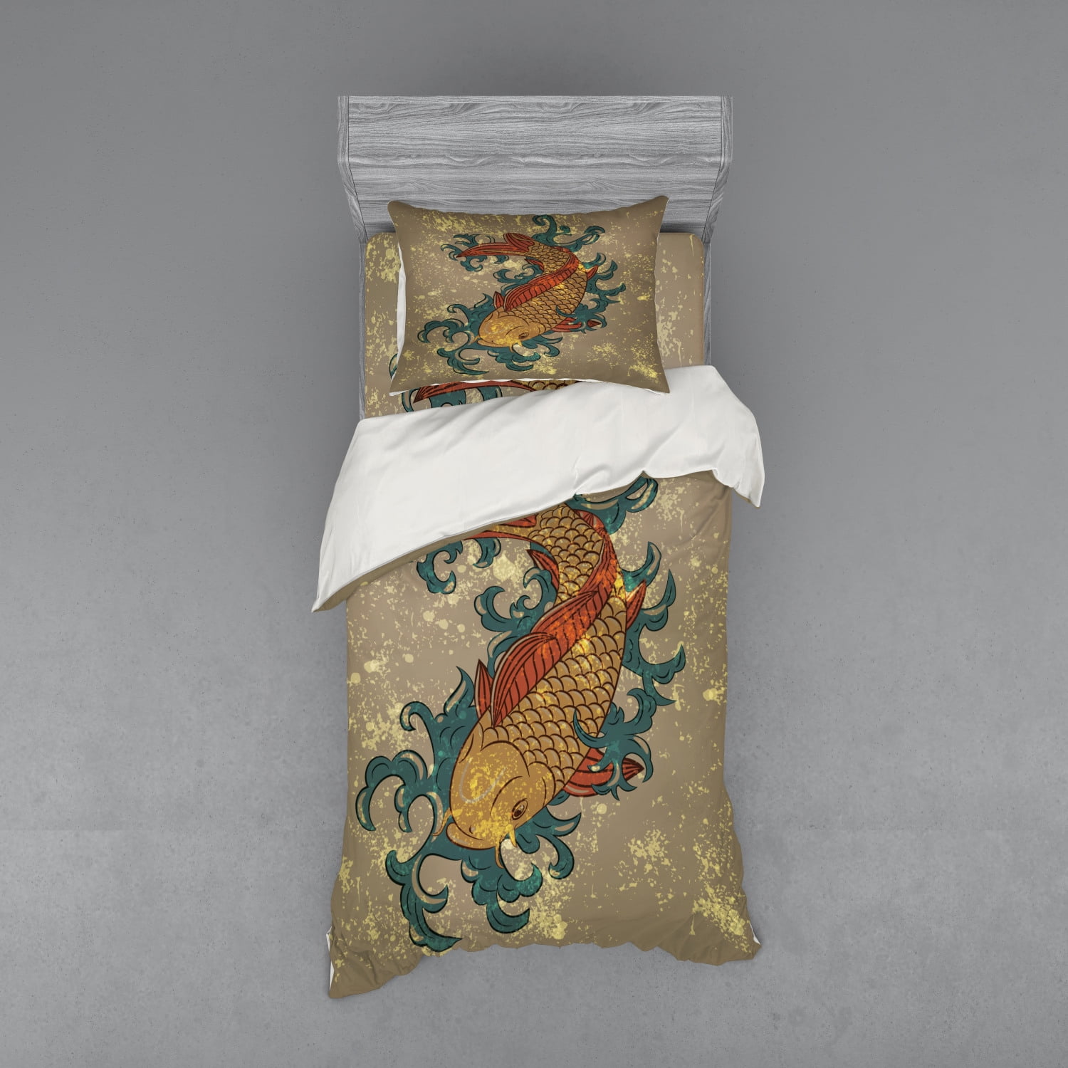 Japanese Duvet Cover Set, Grunge Style Oriental Water Koi Carp Fish Aquatic Theme Distressed