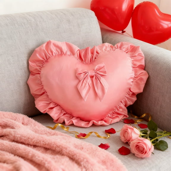 ToyKingdee Heart Pillow, Heart Shaped Throw Pillow Pink Ruffle Design Love Bow Pillow Home Decorative Pillows Cushion for Sofa Living Room Bed Chair Wedding Gifts Pillows