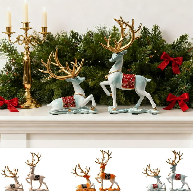 Figura De Ciervo De Resina 2 Adornos Navideños De Resina De Ciervo Para Olvidar, Multicolor, Decoración De Lujo Para El Hogar, Para Mueble De Tv O Vinoteca, 22.5x14x9cm Rkxzt