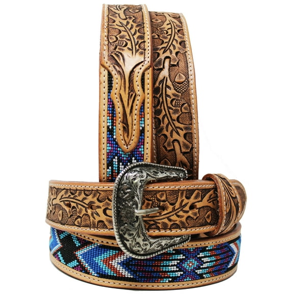 33-34  Unisex 1.5" Western Floral Tooled Beaded Full-Grain Leather Belt 26RT53B