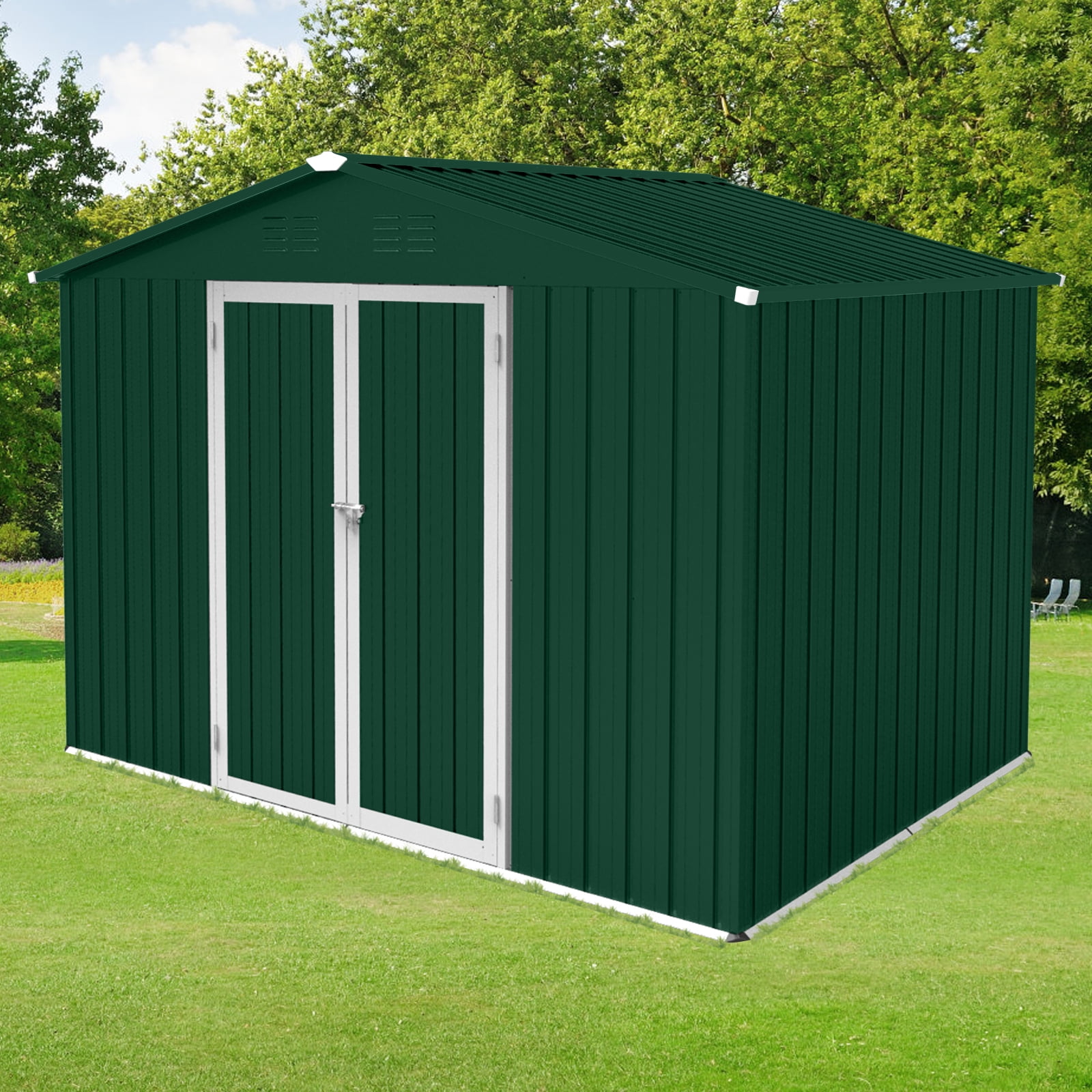 Alvantor Outdoor Storage Shed Metal Garden Shed with Apex Roof & Hinged Door, Green + Black, 8x6 FT