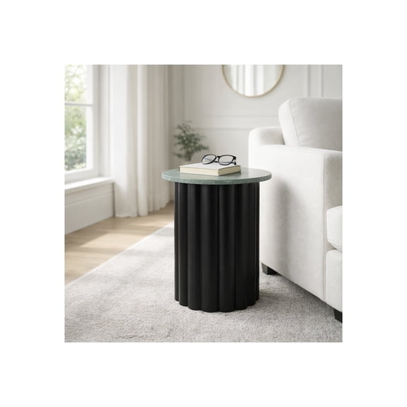 Modern End Table, Side Table, or Small Night Stand for Home Decor - Large Ribbed Bedside Table with Marble Top for Small Spaces - Accent Table for Bedroom or Living Room - 20" Black & Green