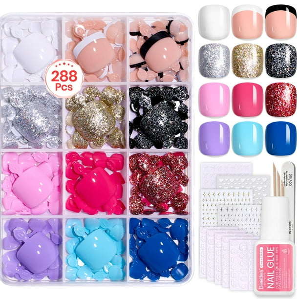 Kit Press on Toenails Beetles Toe Nail, 288 unidades, 12 colores