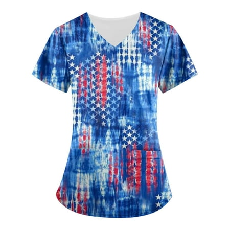 

Sksloeg Uniform Tops for Women Scrubs American Flag Star Print Patriotic Top Short Sleeve V-Neck Shirts Tee Tops with Pockets Nursing Working Uniform Dark Blue XXXL