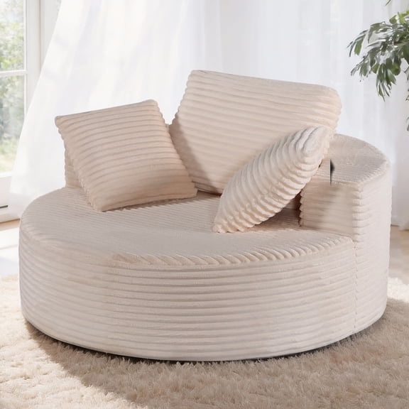 Sonovafurn 55" Oversized Round Chaise Lounge Chair Indoor, Corduroy Upholstered Cloud Sofa Couch for Living Room Bedroom Apartment, No Assembly, Beige