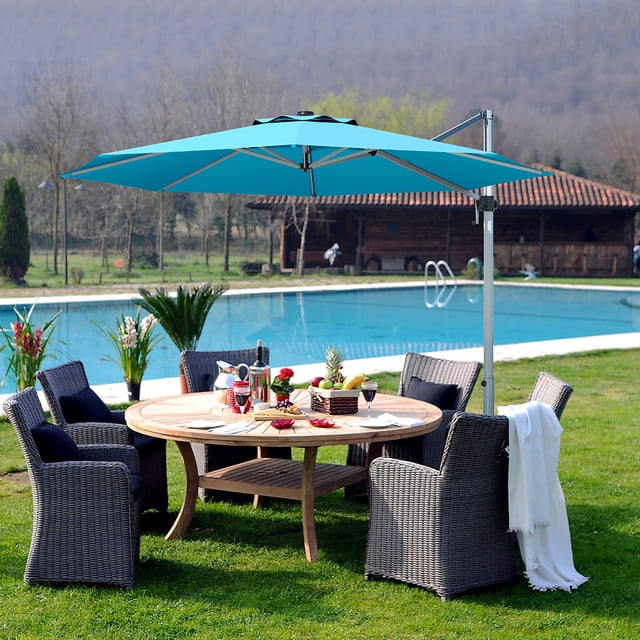 Costway Parasol Déporté de Patio 11 Pieds Rotation 360 Degrés Inclinaison Extérieure avec Base Turquoise