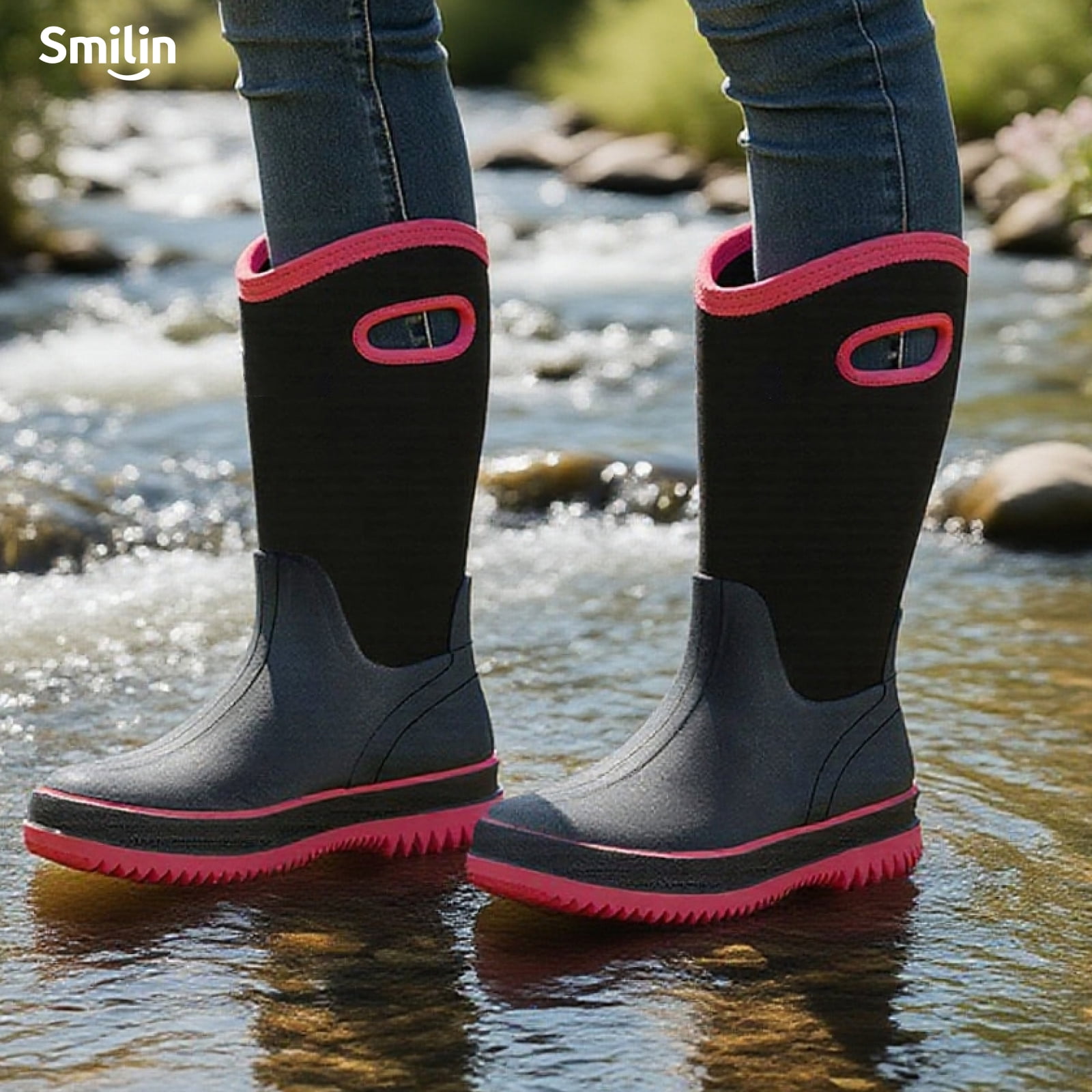 SMILIN Rain Boots for Women, Anti-slip Mid Calf Women Mud Boots, Black, Size 8