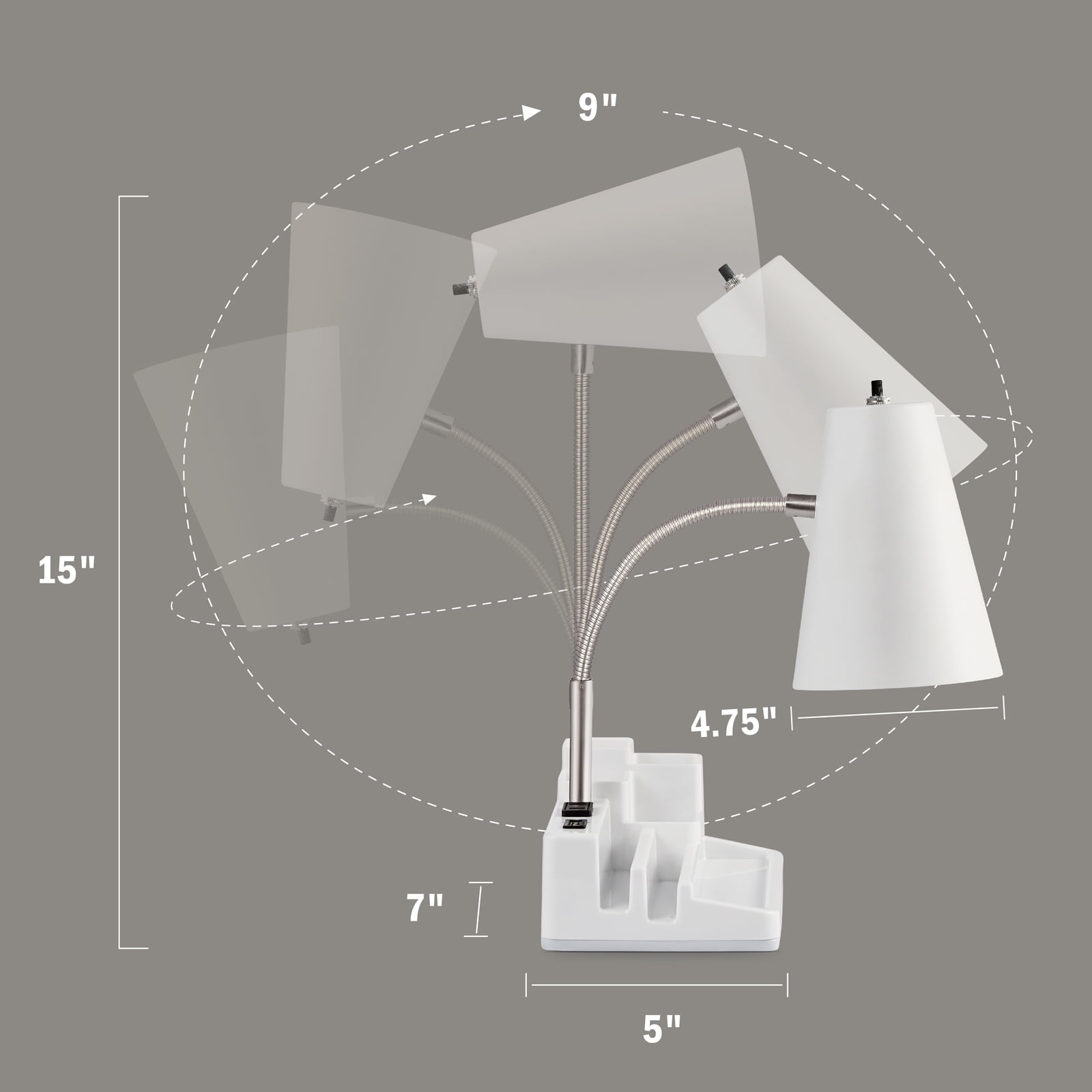 HonoDing 15-inch Adjustable Desk Lamp with USB Port, Outlet, Penholder, Flexible Gooseneck, White