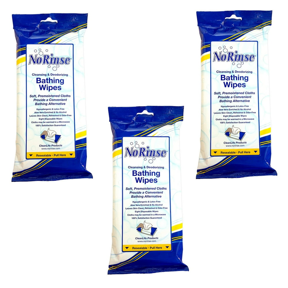 (Set/3) No Rinse Body Wipes (Packs of 8) Travel & Caregiver Bath