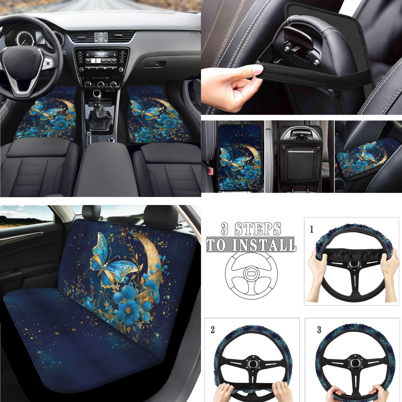 Jeiento Butterfly Car Seat Cover Set of 17 Car Floor Mat Steering Wheel Cover Armrest Cover Safety Belt Pad Floral Cup Coasters Keychain Lipstick Holder Universal Automobile Accessory Interior