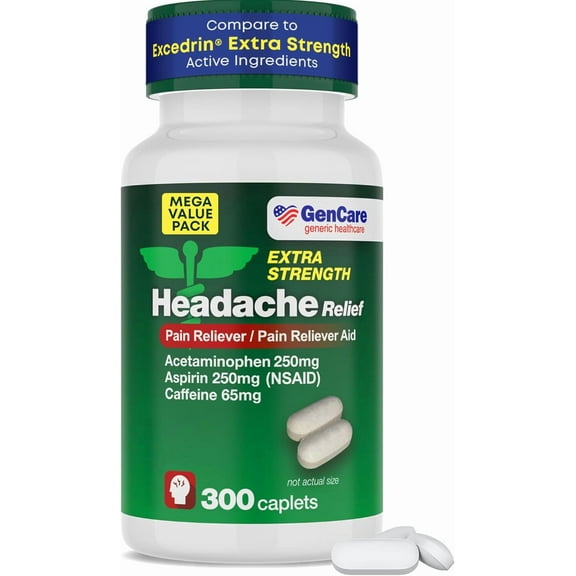 GenCare Headache Relief Acetaminophen 250mg, Aspirin 250mg & Caffeine 65mg, 300 Caplets