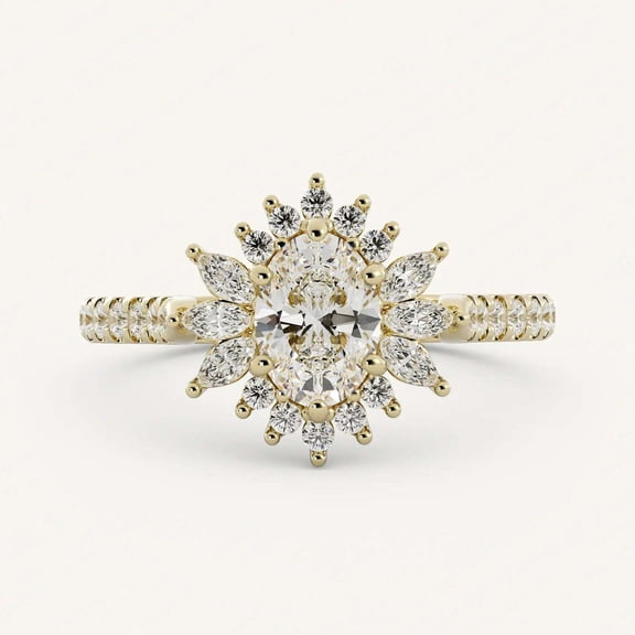 vylahjewellery 14K Vermeil Yellow Gold Valentine Day Gift Ring Six Prongs Oval Cut Diamond Engagement Bridal Ring Halo Moissanite Wedding Anniversary Rings