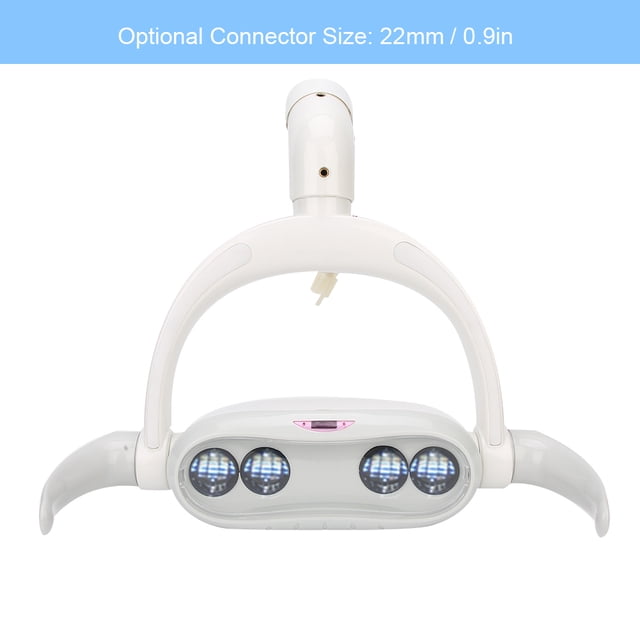 luz bucal dental, luz de examen bucal led dental lámpara quirúrgica 15W vista frontal centrada de lámpara oral blanca con arco en U y cuatro lentes LED, asas laterales curvadas y conector superior de 22 mm; temperatura de color 5000-6300K y 8000-32000LX, carcasa de plástico, adecuada para sillón dental y también adecuada como luz auxiliar de trabajo en clínicas pequeñas.