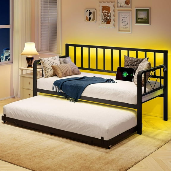 Jocisland Twin DayBed with Charging Station and LED Lights, Metal Twin Daybed with Trundle, Versatile Sofa Bed Frame with Steel Slat Support for Living Room, Bedroom, Guest Room, Black (Dark Black)