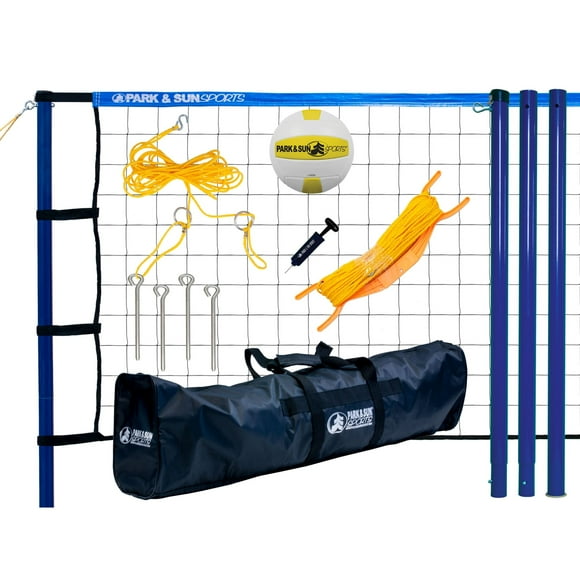 Park & Sun Spiker Sport Steel Volleyball Set – 3‑piece steel poles, adjusts to men’s/coed/women’s heights, regulation 32′ net, includes boundary, stakes, ball, pump & carry bag