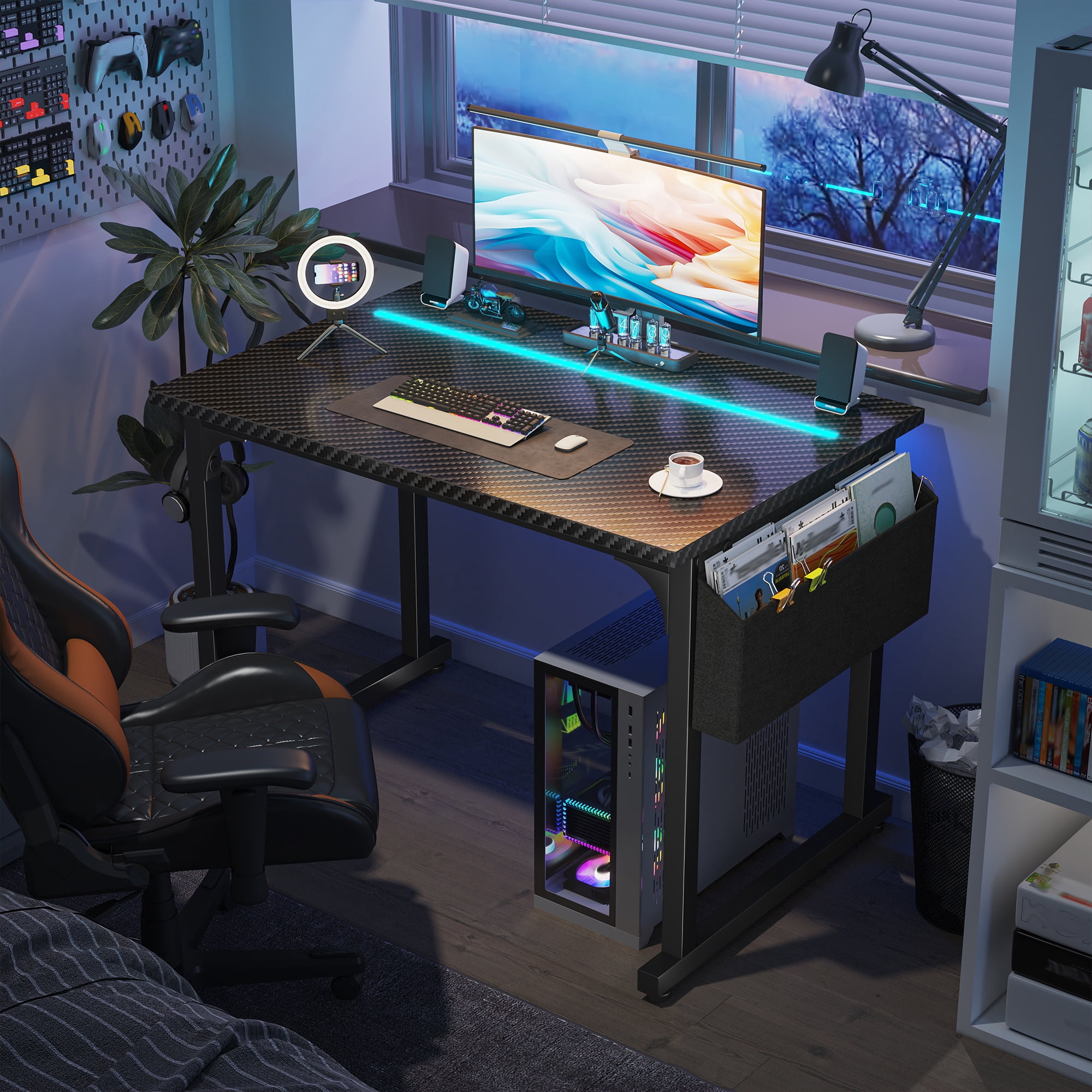 Romorgniz 32 Inch Computer Desk with LED Lights for Small Spaces, Home Office Desk with Storage Bag, Headphone Hook, Black