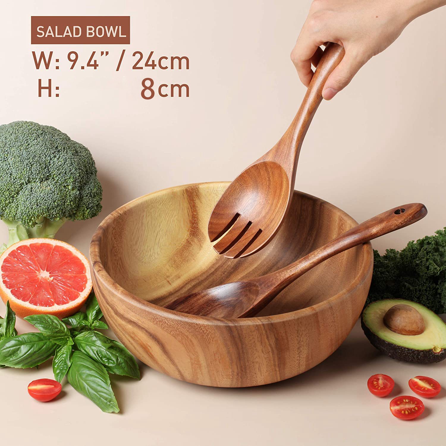 Acacia Wood Salad Bowl with Servers Set - Large 9.4 Inches Solid Hardwood Salad