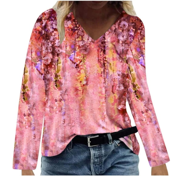 CEHVOM Women Fashion Butterfly Printing Thin Long Sleeve V-Neck Loose Shirt Blouse Top
