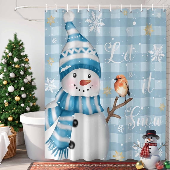 Christmas Snowman Shower Curtain, 48" x 72", White Gold Snowflake Branch Bird Buffalo Plaid Waterproof Bathroom Curtain Washable Shower Curtain Set with 12 Hooks