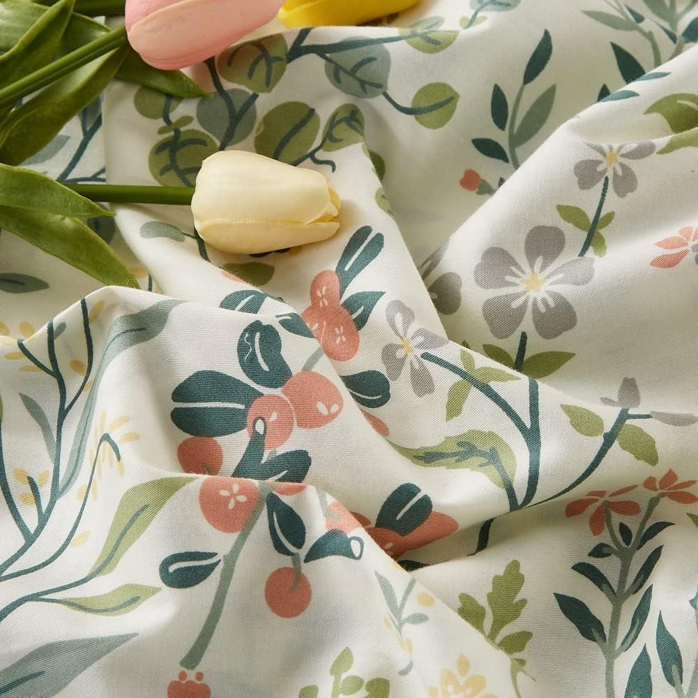 Boho Floral Duvet Cover Green Botanical Bedding Set with Colorful Flower Print Pattern Soft Microfiber Comforter Cover